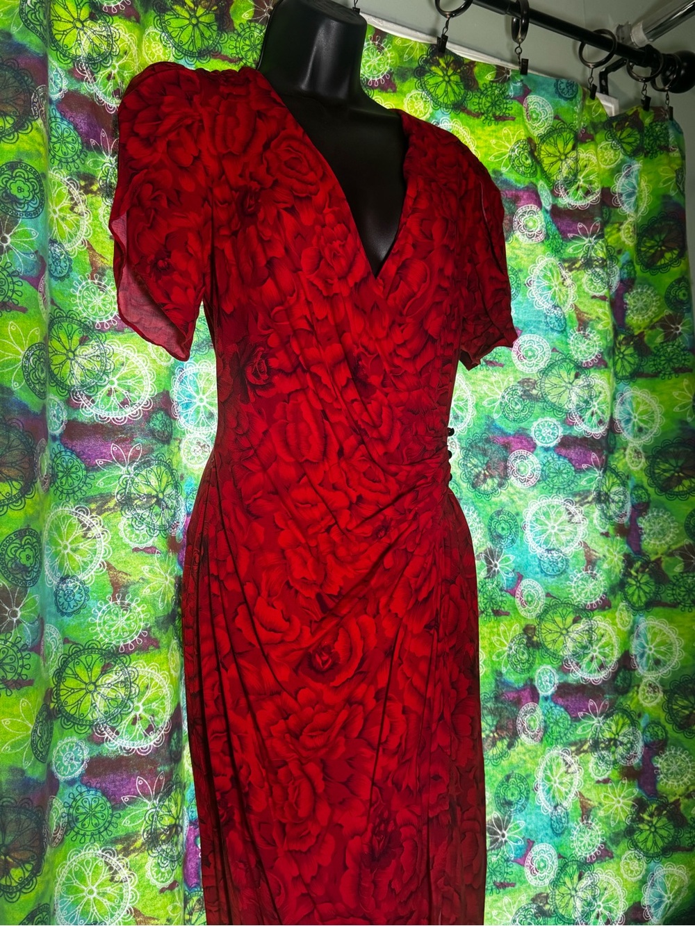 90s Red Floral Midi Dress with V-Neck Wrap